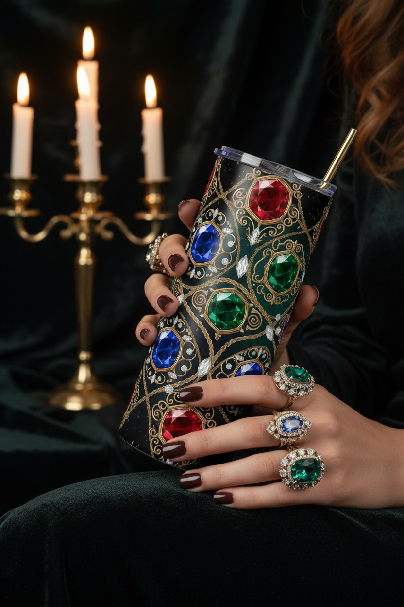 Jewel Crown Tumbler held with jeweled rings and candlelight