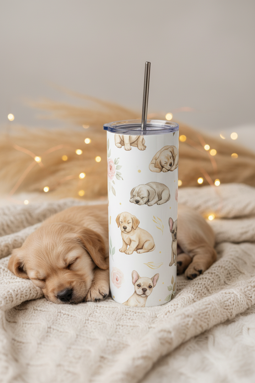Luxury Watercolor Puppies Tumbler with sleeping golden retriever