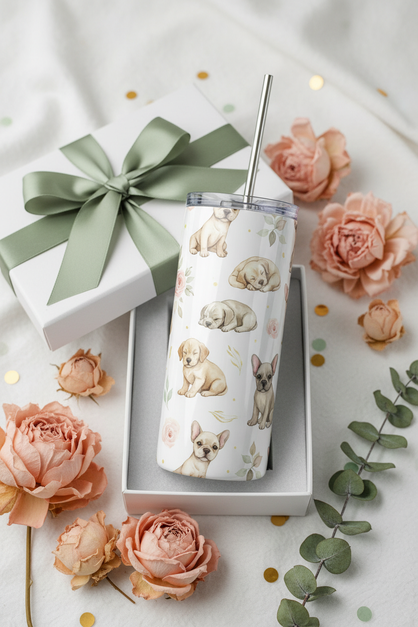 Luxury Watercolor Puppies Tumbler in white gift box with sage ribbon