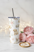 Luxury Watercolor Puppies Tumbler on marble vanity with peonies